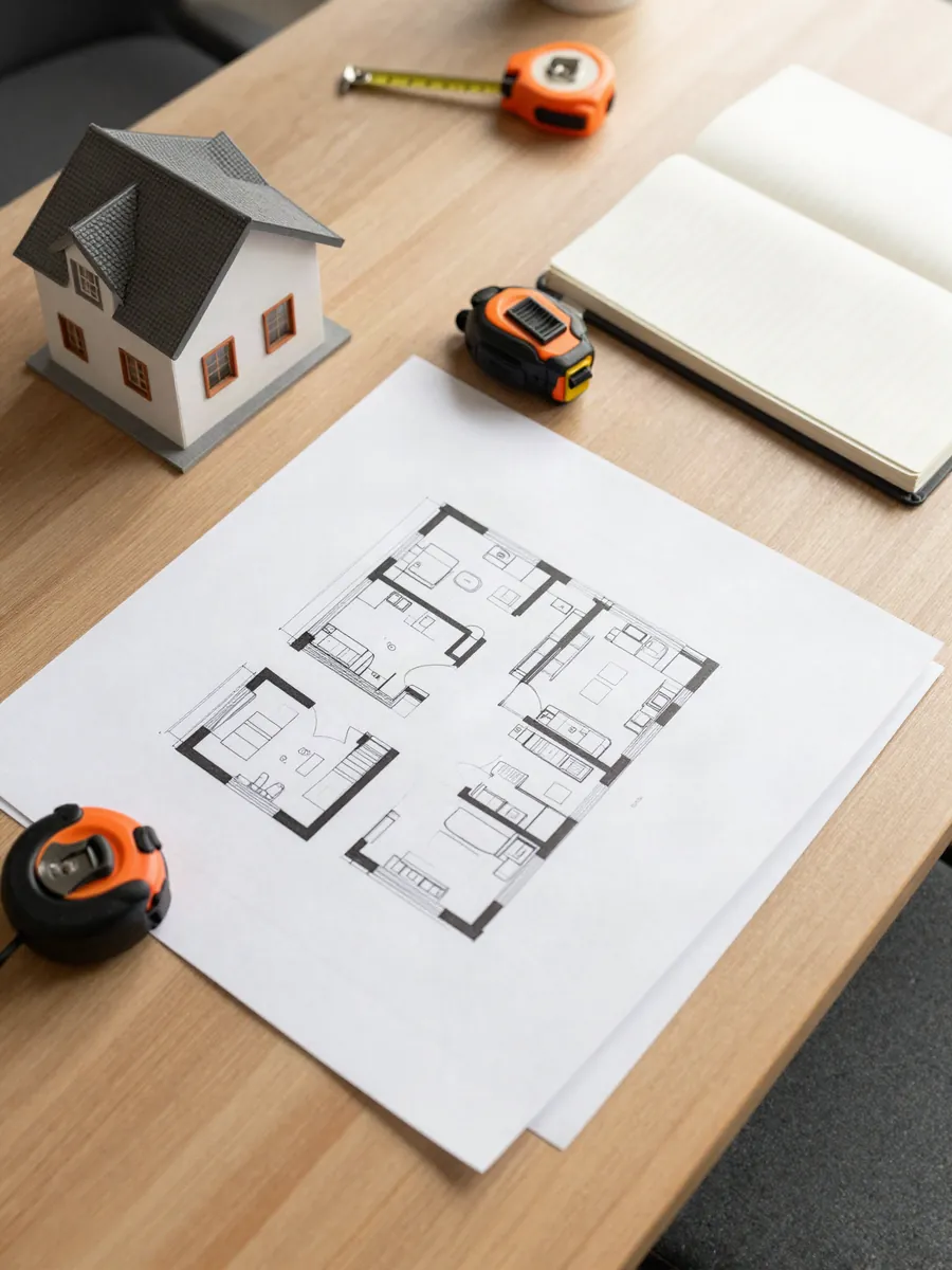 Planos, cinta métrica y una maqueta de casa sobre un escritorio